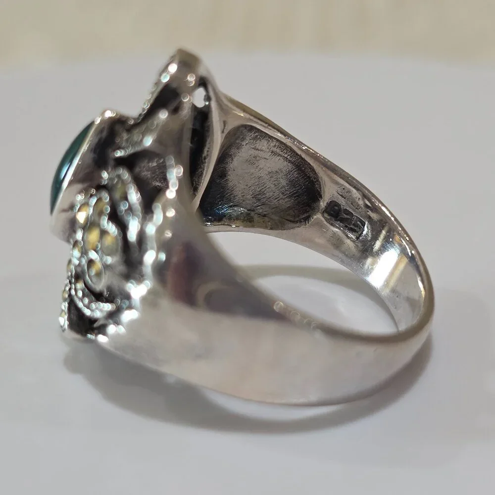 Vintage Victorian Marquise Green Chrysoprase Marcasite Sterling Silver Ring 8.75